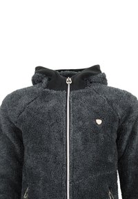 Grå fleecejakke med en struktureret, blød overflade, en sort hætte, frontlynlås og et lille logo på venstre bryst.