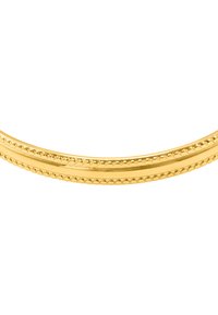 Gullarmband med en slät yta, med ett pärlmönster längs kanterna och en lätt böjd form.