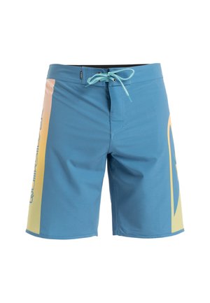 Blue swim shorts with a yellow gradient side panel, featuring a drawstring closure and a printed logo along the side. Smooth texture.