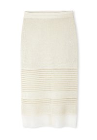 Strick-Bleistiftrock in Creme mit strukturierten horizontalen Streifen und offenen Gewebeakzenten. Verfügt über einen glatten Taillenbund und ein tailliertes Design.