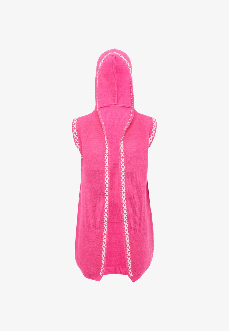 Rosa ärmlös hoodie med en framöppning, som har vit dekorativ sömnad längs kanterna och en huva. Mjuk stickad material.