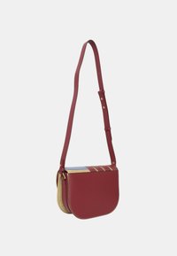 Borsa a tracolla in pelle rossa con dettagli in paglia intrecciata, forma curva, tracolla regolabile e particolari in metallo dorato. Texture liscia, design minimale.