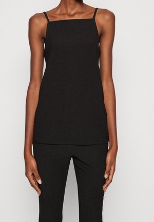 Schwarzes ärmelloses Top mit quadratischem Ausschnitt und dünnen Trägern, aus strukturiertem Stoff mit tailliertem Schnitt.