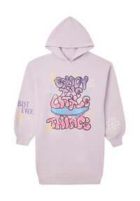 Fioletowa bluza z kapturem z graficznym napisem "Ciesz się małymi rzeczami" w kolorze różowym i niebieskim, z kwiatowymi i błyskawicowymi akcentami.