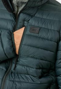 Giacca a puffo verde scuro con zip, caratterizzata da sezioni trapuntate orizzontali e una piccola etichetta nera sul petto. Tessuto morbido, design caldo.