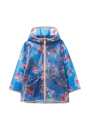 Blauwe doorschijnende regenjas met roze bloemenprint, rits aan de voorkant, capuchon en twee voorvakken met klep.