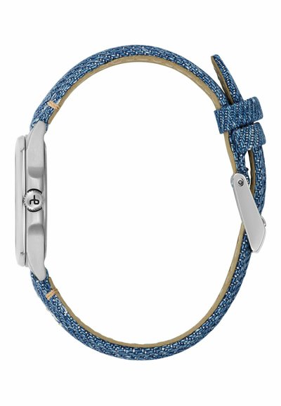 Silver watch with a rectangular case, blue denim strap, and beige interior lining. Features a simple buckle and stitching detail.