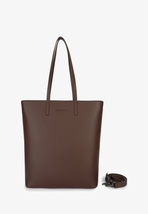 Sac fourre-tout en cuir marron avec deux longues poignées, design minimaliste, forme carrée, base plate et bandoulière amovible. Présente un logo en relief.