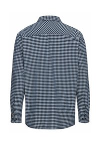 Camicia a quadri con motivo blu e nero, maniche lunghe, polsini con bottoni e colletto tradizionale. Realizzata in tessuto tessuto, con una vestibilità comoda.