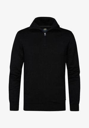 Schwarzer Pullover mit Reißverschlusskragen, gerippten Bündchen und Saum. Hergestellt aus einem glatten Strickstoff und bietet eine klassische Passform.
