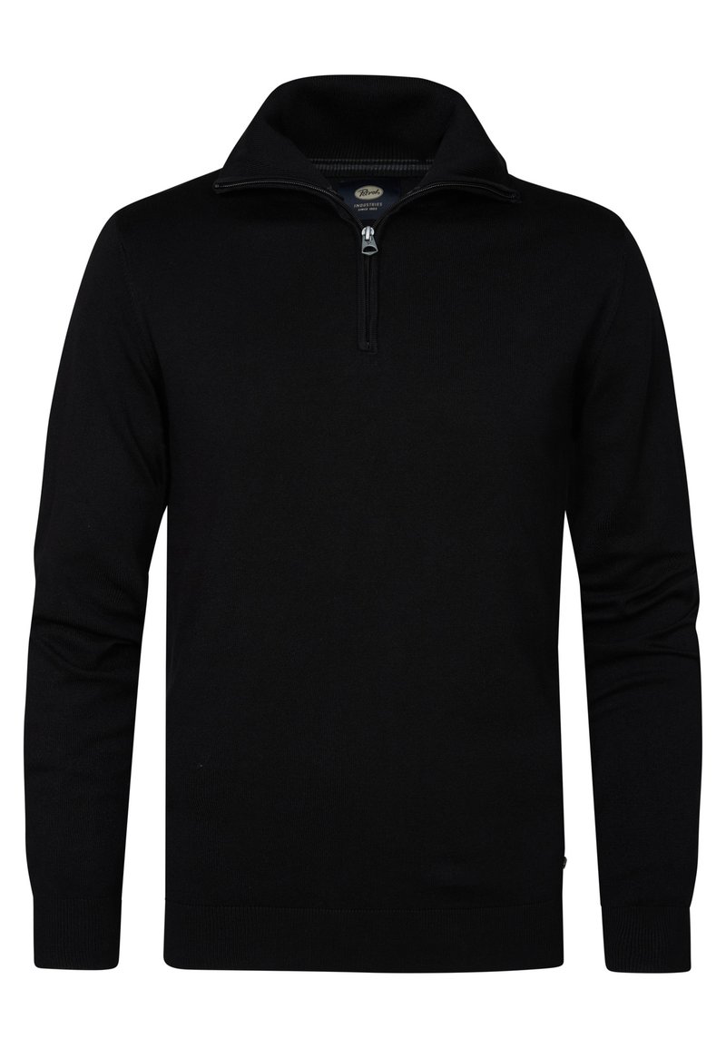 Schwarzer Pullover mit Reißverschlusskragen, gerippten Bündchen und Saum. Hergestellt aus einem glatten Strickstoff und bietet eine klassische Passform.
