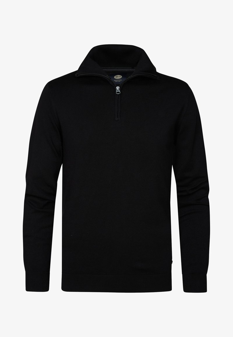 Zwarte pullover sweater met een ritskraag, geribbelde manchetten en zoom. Gemaakt van een gladde brei stof en biedt een klassieke pasvorm.