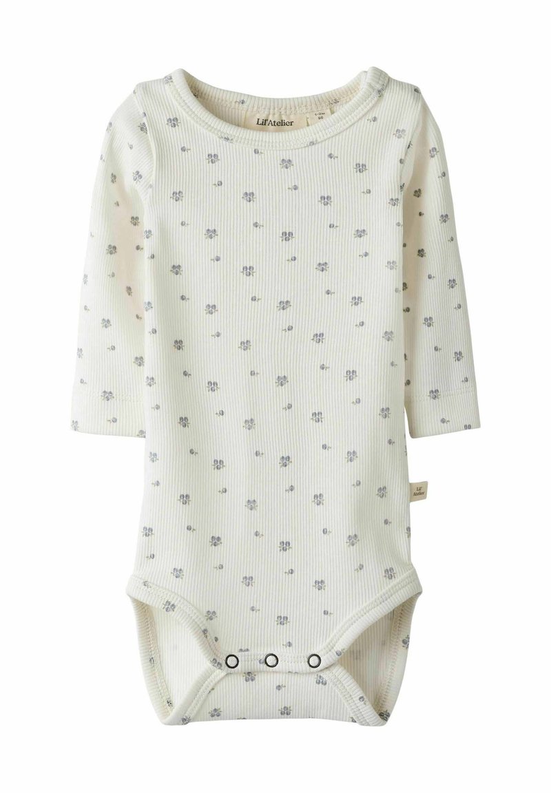 Body a maniche lunghe per neonato in materiale a coste bianco sporco, con una stampa floreale blu e grigia, dotato di chiusure a scatto nella parte inferiore.
