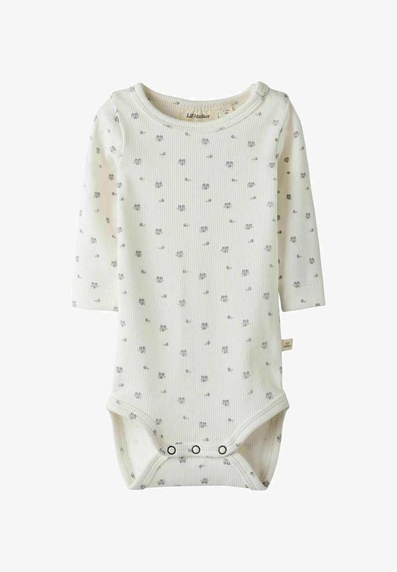 Bodysuit pour bébé à manches longues en matière côtelée blanc cassé, avec un imprimé floral bleu et gris, et des boutons-pression au bas.