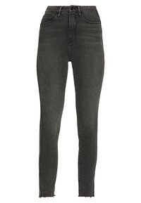 Svarta högmidjade skinny jeans i denim, med fransad fåll, fem fickor och en slät yta.