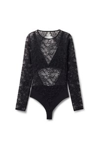 Body en dentelle noire à manches longues, avec un décolleté en V, de la dentelle semi-transparente, un bas uni et des accents texturés.