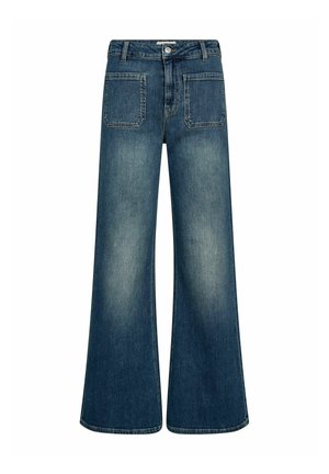 Sötétkék, széles szárú farmernadrág, koptatott hatással. Klasszikus öt zsebes kialakítással és gombos záródással. Egyenes szárvég.