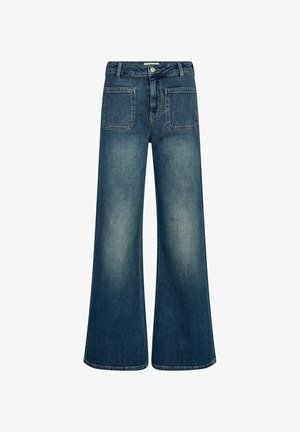 Vidbenede denimjeans i mørkeblå med en falmet vask. Har et klassisk design med fem lommer og en knaplukning. Lige afskåret kant.