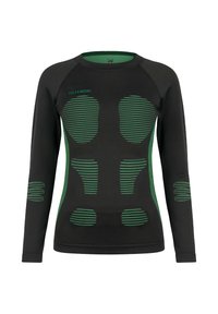 Black long-sleeve base layer shirt with green striped ergonomic accents across the torso, shoulders, and sleeves, made from a stretchy material.