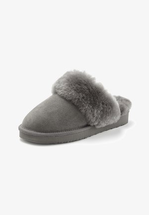 Grey slip-on slipper with a soft suede exterior and thick fluffy fur lining around the opening and inside sole.