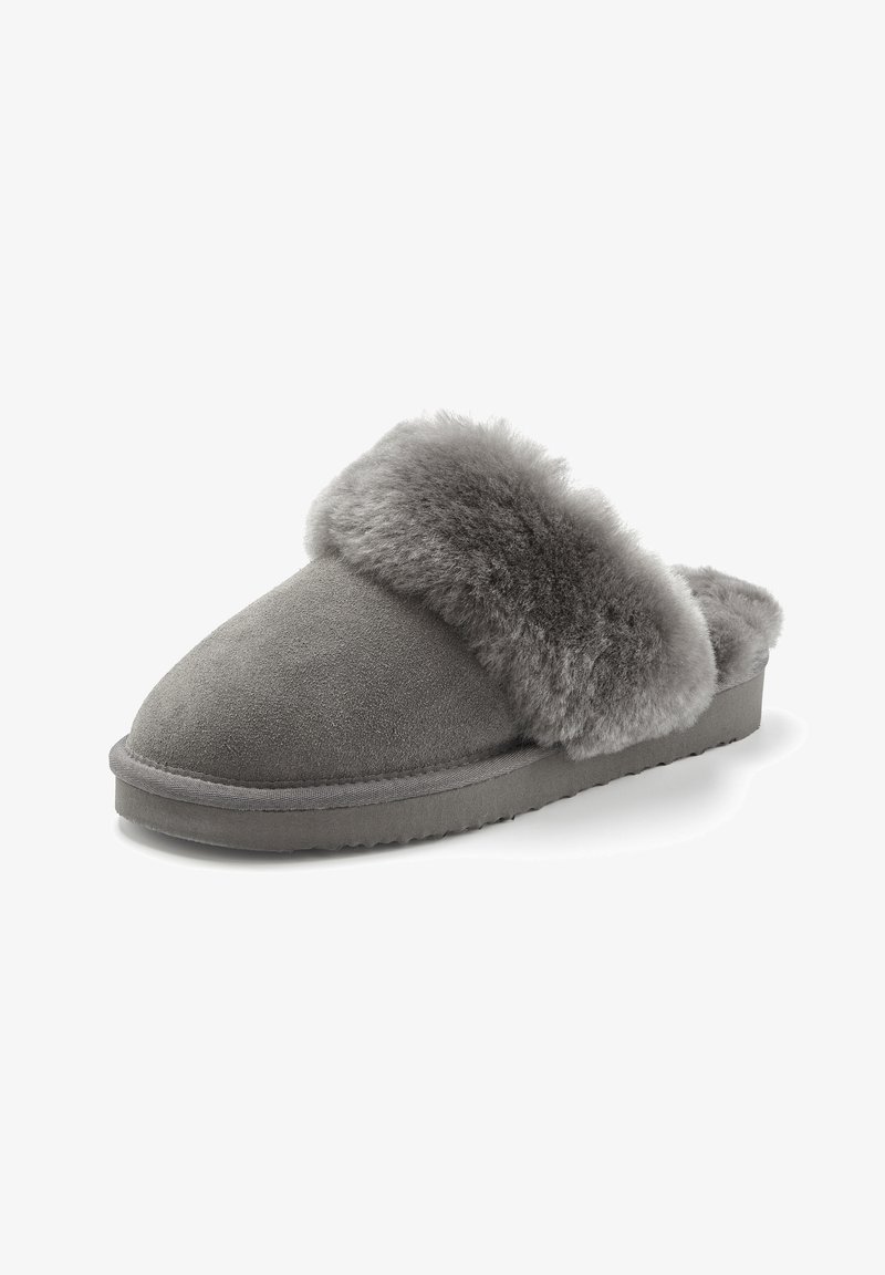 Grau Schlupfhandschuh mit weichem Wildleder außen und dickem flauschigem Fellfutter am Öffnungssaum sowie an der Innensohle.