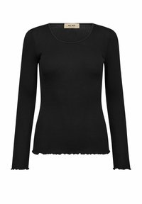 Fekete, hosszú ujjú, bordázott kötött blúz kerek nyakkivágással és saláta szegélynélküli részletekkel a mandzsetták és az alján.