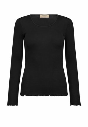 Fekete, hosszú ujjú, bordázott kötött blúz kerek nyakkivágással és saláta szegélynélküli részletekkel a mandzsetták és az alján.
