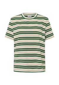 T-shirt rayé avec un col rond, présentant des rayures horizontales vertes et crèmes avec de fins accents marron, fabriqué en coton doux.