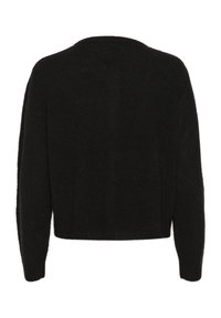 Svart kort tröja med långa ärmar, texturerad stickad tyg. Har en rund halsringning och inga synliga knäppningar bak på tröjan.