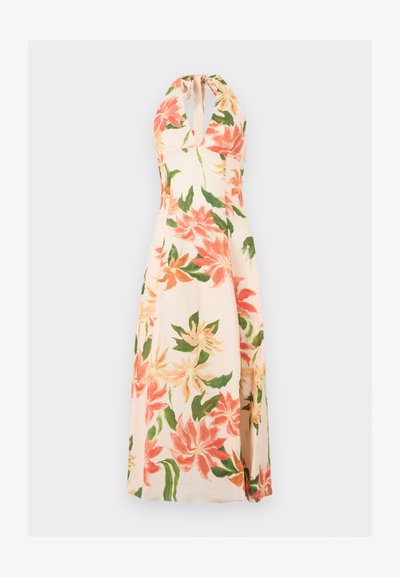 Florales Neckholder-Kleid aus leichtem Stoff mit pinken, orangefarbenen und grünen botanischen Mustern, tiefem V-Ausschnitt und fließender Silhouette.