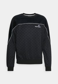 Felpa nera con un sottile motivo geometrico, polsini e orlo a costine, piping bianco lungo il petto, logo ricamato in alto a sinistra.