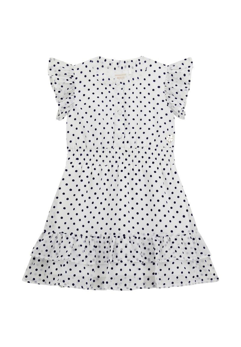 Weißes Kleid mit marineblauen Punkten, kurzen Rüschensäumen, Knopfleiste, gerafftem Taillenbund und mehrlagigem Rüschensaum. Eignet sich für die Freizeit.