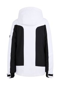 Schwarz-weiß Jacke mit Kapuze, die ein Design hat, das in große Farbfelder aufgeteilt ist, aus strukturiertem Stoff und mit verstellbaren Bündchen.