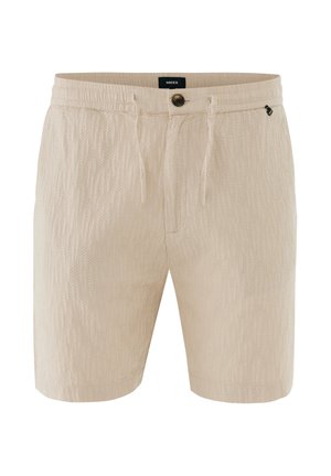 Shorts pour hommes texturés beige avec fermeture à bouton et cordon, poches avant et étiquette de marque à la taille.