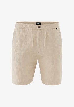 Shorts pour hommes texturés beige avec fermeture à bouton et cordon, poches avant et étiquette de marque à la taille.