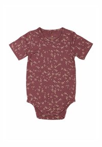 Bodysuit à manches courtes en bordeaux avec un motif floral. Fabriqué en tissu doux, il présente un col rond et des boutons pressions à la base.