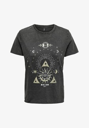 Short-sleeve, dark gray cotton t-shirt featuring a white cosmic graphic design with a triangle, sun, and celestial symbols.