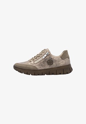 Taupe-farbene lässige Sneaker mit geometrischem Muster, Schnürung vorne, Seitensreißverschluss und dicker strukturierten Sohle.