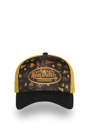Gorra trucker Von Dutch California negra y amarilla con llamas, estrellas, calaveras y diseños alados en el panel frontal y laterales de malla.