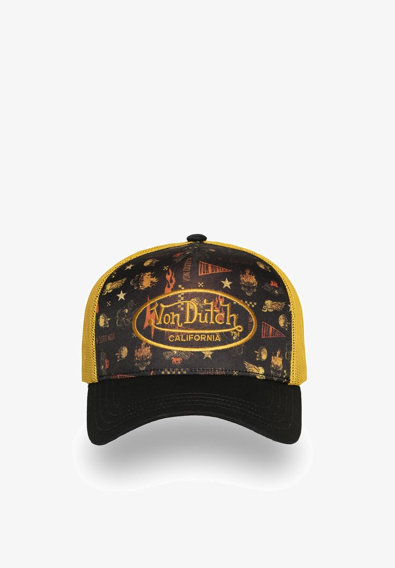 Casquette trucker Von Dutch California noire et jaune avec flammes, étoiles, crânes et motifs ailés sur le panneau avant et côtés en mesh.