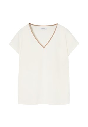 Witte V-hals T-shirt met korte mouwen en een lichtbruine kraagafwerking, gemaakt van een gladde stof, met een losse pasvorm.