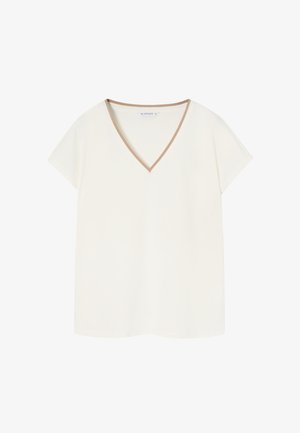 Bela V-majica s kratkimi rokavi in tan robom ovratnika, izdelana iz gladkega blaga, z udobnim krojem.