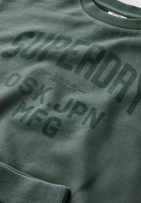 Zaļš kokvilnas džemperis ar lielu reljefu tekstu "SUPERDAY," ar apaļu kakla izgriezumu un ribotām aprocēm. Materiāls izskatās mīksts ar smalku tekstūru.