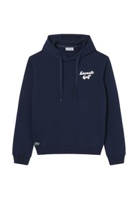 Felpa blu navy in cotone con tasca frontale a marsupio, cappuccio con cordino e logo bianco "Lacoste Golf" sul petto.