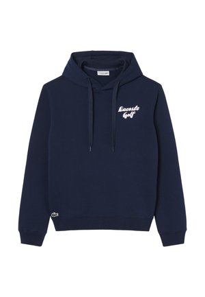 Felpa blu navy in cotone con tasca frontale a marsupio, cappuccio con cordino e logo bianco "Lacoste Golf" sul petto.