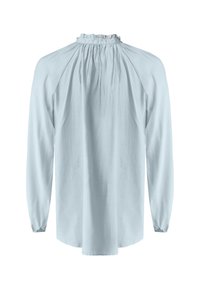 Blusa a maniche lunghe di colore azzurro chiaro con scollo a ruches e design sul retro arricciato. Tessuto liscio con maniche raglan per una vestibilità rilassata.