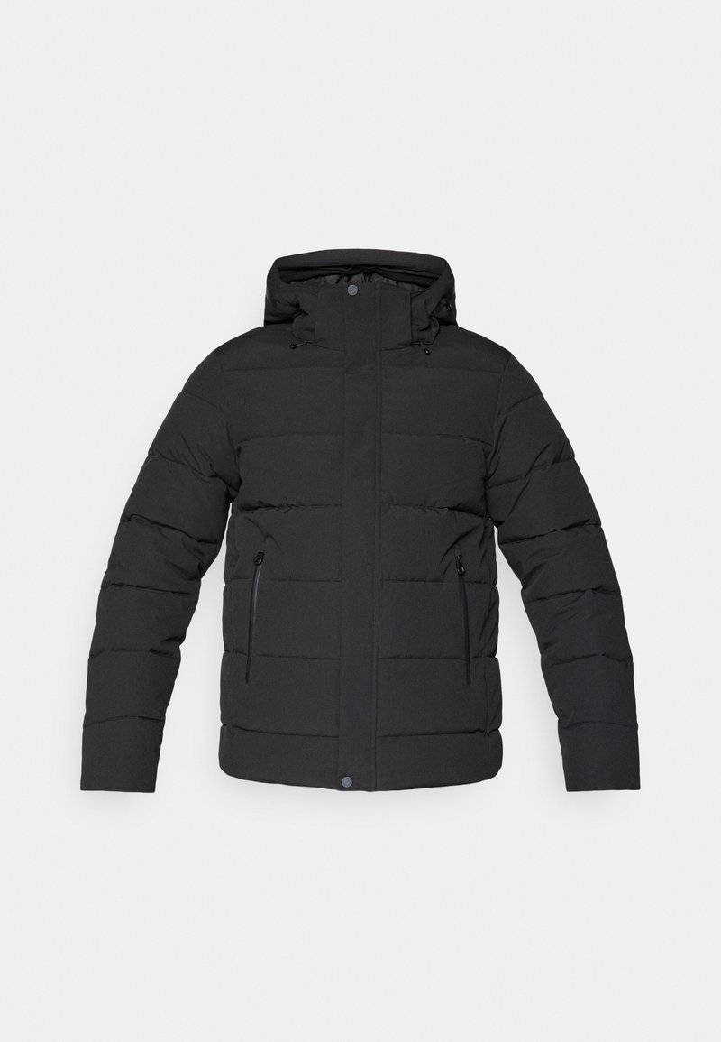 Schwarze Pufferjacke mit Kapuze, versehen mit horizontaler Steppung, zwei seitlichen Reißverschlusstaschen und einem Druckknopfverschluss vorne. Glattes, isoliertes Material.