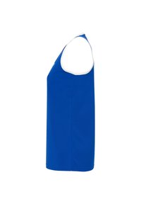 Blauer ärmelloser Sporttanktop mit rundem Ausschnitt und weißen Akzenten. Aus leichtem Stoff gefertigt, hat er eine glatte Textur und eine normale Passform.
