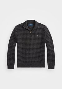 Pull-over gris texturé avec col à fermeture éclair quart, présentant un motif en grille et un petit logo sur la poitrine gauche.