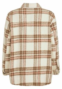 Geruite fleece shirt in crème, met bruine en roze ruitpatronen, voorzien van een kraag en knoopmanchetten. Zachte textuur. Achteraanzicht.